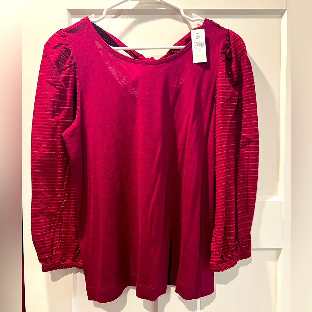 NWT! LOFT, medium, burgundy, bow tie back blouse w/ gold shimmer detail sleeves